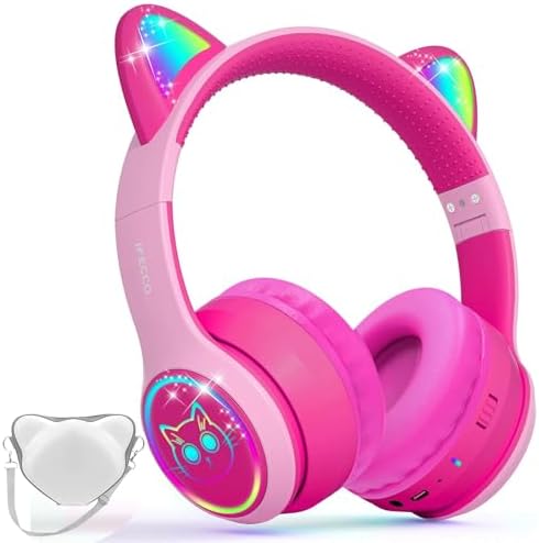 IFECCO Wireless Kids Bluetooth Cat Ear Headphones – Fun Light-Up Design with Volume Limiting Feature, Built-in Microphone, and Foldable Portability for Travel and Learning – Ultimate Gift for Young Music Enthusiasts