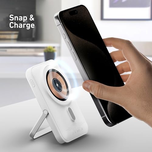 10,000 m Ah Magnetic Power Bank with Metal Kickstand, Ultra-Fast 20 W Charging, LED Battery Indicator, USB-C & Mag Safe Compatibility – Ideal for i Phone 15/14/13/12 Pro Series and Android Devices, Lightweight Design for On-the-Go Convenience
