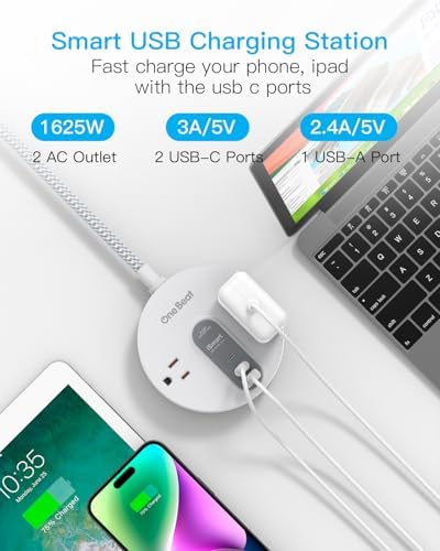 Compact Power Strip Surge Protector with USB-C Charging – 5 ft Flat Plug Extension Cord Featuring 2 AC Outlets & 3 USB Ports for Home, Office, and Travel – 490 J Surge Protection for Safe Device Charging and Efficient Organization