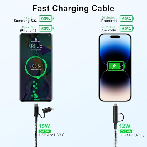 Versatile 10 FT Long USB to USB-C and Lightning Charging Cable – MFi Certified Nylon Braided Fast Charger for i Phone 16, 15, 14, 13 & Android Carplay – 3 A Rapid Power Delivery & Durable Tangle-Free Design for Enhanced Compatibility and Convenience