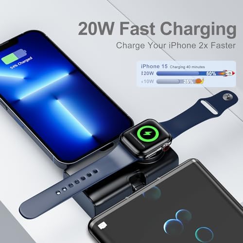 Compact 5000 m Ah Portable Charger for i Phone and Apple Watch – 20 W PD Fast Charging Power Bank with Built-in USB-C Connector for Travel – Compatible with i Phone 15/14/13/12 Pro/Max and Apple Watch 9/8/7/6/SE – Sleek, Lightweight Design for Ultimate Portability and Enhanced Performance