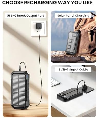 Hiluckey 27,000 m Ah Solar Power Bank with Built-in Cables – Ultra-Fast 15 W Outdoor Battery Pack for i Phone & Android – Charge 5 Devices at Once with Dual USB-A & USB-C Ports – Perfect for Camping, Travel, and Emergency Power Needs – Dual LED Flashlight for Enhanced Versatility and Safety