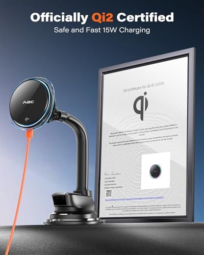 A2 C Qi2 15 W Mag Safe Car Mount Charger – Advanced Magnetic Phone Holder for i Phone 12-16, Fast Wireless Charging with Semiconductor Cooling, LED Status Indicator, Versatile Windshield/Dash Installation & PD Adapter Included – Optimal Convenience for On-the-Go Users