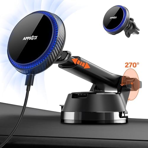 APPS2 15 W Magnetic Wireless Car Charger – Ultimate Dashboard, Windshield & Vent Mount for i Phone 16/15/14/13/12 Series | Fast Charging, Mag Safe Compatible, Adjustable Phone Holder for Enhanced Convenience and Safety on the Road