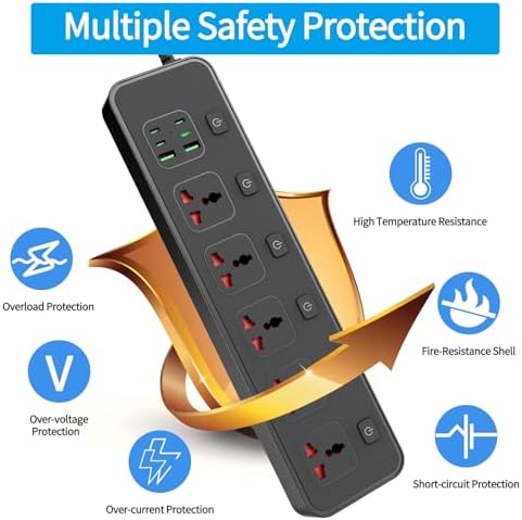 Jumpso European Travel Plug Adapter with Individual Switch – 6 ft Universal Power Strip with 5 AC Outlets and 6 USB Ports (4 USB-C) – Maximum 3000 W Surge Protector for Safe and Efficient Charging in Office and Travel Environments – Compact, Versatile, and Energy-Saving Solution for All Your Devices