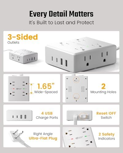 15 Ft Surge Protector Power Strip with 8 Outlets & 4 USB Ports – Wall Mountable Flat Plug Charging Station for Home, Office, and Dorm Room – High-Speed USB-C Compatible Extension Cord for Ultimate Device Connectivity and Safety