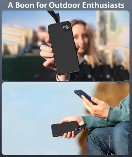30000 m Ah Portable Power Bank – High-Capacity Fast Charger with Dual Built-In Cables for i Phone 15/14/13, Samsung Galaxy, and i Pad – 22.5 W PD QC4.0 Quick Charge Technology – Sleek Black Design for On-the-Go Charging