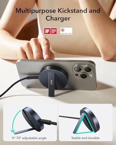 Power Up Your Devices Effortlessly with the ESR Mag Safe Wireless Charger – 15 W Fast Charging Pad with Kickstand for i Phone 15/14/13/12 and Air Pods, Qi2 Certified for Enhanced Compatibility, Includes Type-C Cable, Sleek Black Design for Modern Tech Integration