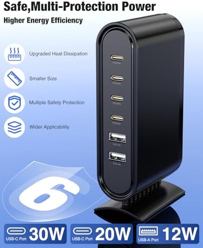 High-Power 96 W Multi-Device Charging Station – 6-Port USB-C Fast Charging Hub with 6 ft Cables for i Phone 16, 15 Pro Max, Samsung, Android & i Pad – Sleek Black Organizer for Home & Office Use – Rapid Charging Solution to Eliminate Cable Clutter