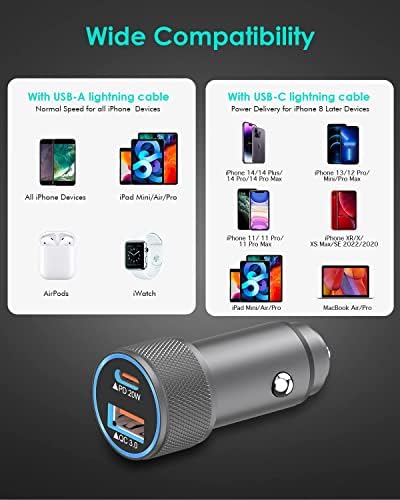 i Phone 14 Dual Port Fast USB C Car Charger | Apple MFi Certified 38 W Quick Charge Adapter with 2 Lightning Cables | Sleek Metal Design for Optimal Durability and Compatibility with i Phone 14, 13 Pro Max, Mini, 12, 11 & Air Pods | Reliable On-the-Go Power Solution for Busy Lifestyles