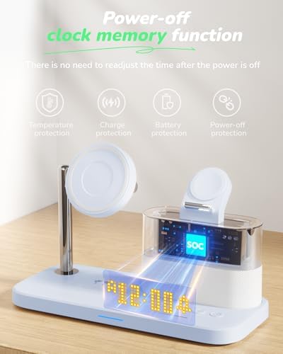 Qi2 Certified 15 W 5-in-1 Mag-Safe Wireless Charging Station with Alarm Clock & Night Light – Stylish Pink Dock for i Phone 16/15/14/13/12 Pro Max, Apple Watch & Air Pods – Fast Charging & Clutter-Free Convenience