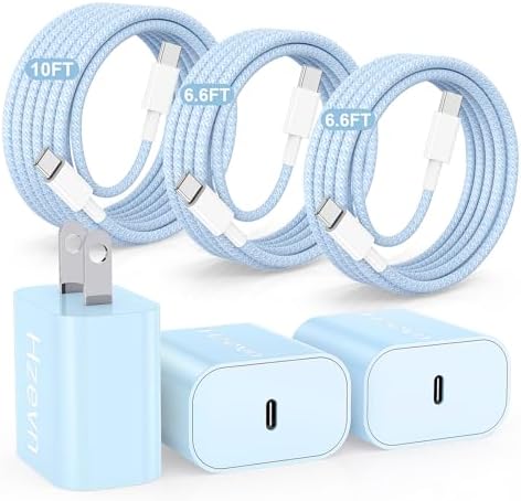 Rapid Charge 3-Pack USB-C Fast Charger Kit for i Phone 15 & 16 Pro Max – 20 W Power Blocks with Robust 6 ft & 10 ft Braided Cables – Ultra-Fast Charging Solution for i Pad Pro 13/12.9 – Sleek, Portable Wall Charger for Everyday Convenience