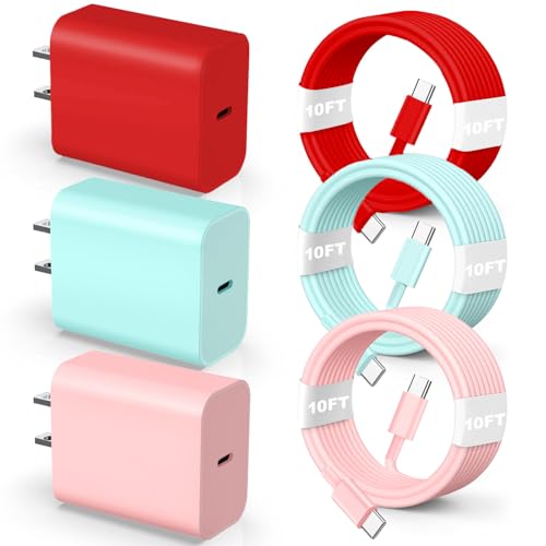 Ultimate 10 Ft USB-C Fast Charging Cable for i Phone 16 & 15 – 3-Pack High-Speed 60 W Cords for i Pad Pro, Mac Book Air, and Samsung Devices – Versatile Charging Solution in Red, Green, Pink for Maximum Compatibility and Convenience