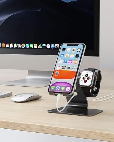Upgrade Your Charging Station with the OMOTON 2-in-1 Desktop Stand for i Phone & Apple Watch – Sleek Anti-Scratch Holder Compatible with i Phone 16/15/14/13/12 & Apple Watch Series 9/8/SE2/7/6/5/4/3/2 (38-45 mm) – Multi-Angle Viewing, Space-Saving Design, and Non-Slip Base for Ultimate Convenience in Home or Office – Essential Tech Accessory for Organized Living