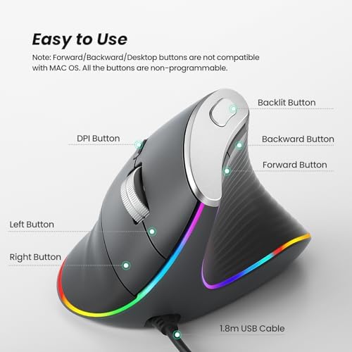 Nulea M504 Ergonomic Wired Vertical Mouse with 4 Adjustable DPI Settings and 11 RGB Lighting Modes – Ultimate Comfort and Precision for Laptop, PC, Desktop, and Mac Users