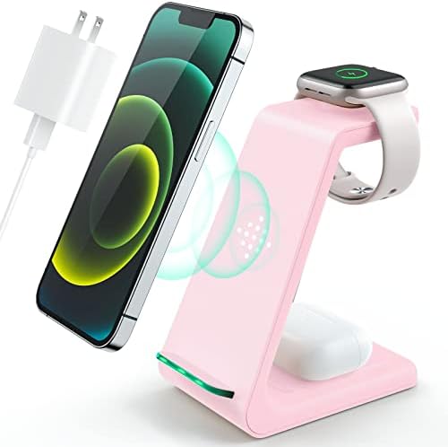 Sleek Pink 3-in-1 Wireless Charging Station: Fast Desk Charger for i Phone 16/15/14/13/12 Pro Max, Apple Watch Series 10-3, and Air Pods 4/3/2 Pro – Enhanced Compatibility & Space-Saving Design for Effortless Charging Efficiency