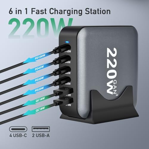 Ultimate 220 W USB Charging Hub – 6-Port Fast Charging Station with 4 PD USB-C and 2 QC USB-A for Universal Device Compatibility – Streamlined Charging Solution for Phones, Laptops, Tablets, and More – Ideal for Home, Office, or Travel