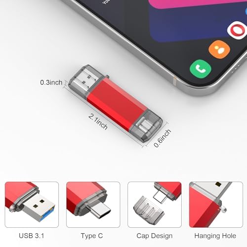 RAOYI 256 GB USB C Flash Drive – Lightning-Fast 130 MB/s Dual OTG Metal Memory Stick for Seamless File Transfers with Keychain – Ideal for Smartphones, PCs, Mac Books, and Tablets (Red) – Ultimate Storage Solution for On-the-Go Professionals