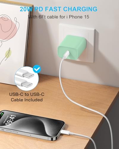 20 W USB-C Wall Charger for i Phone 16 & 15 – Fast Charging Dual Pack with 6 FT Type-C Cable – Optimized Power Delivery for i Pad Pro and More – Compact, Durable, and Travel-Friendly Charging Solution for Home and On-the-Go Use