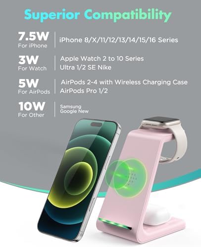 Sleek Pink 3-in-1 Wireless Charging Station: Fast Desk Charger for i Phone 16/15/14/13/12 Pro Max, Apple Watch Series 10-3, and Air Pods 4/3/2 Pro – Enhanced Compatibility & Space-Saving Design for Effortless Charging Efficiency