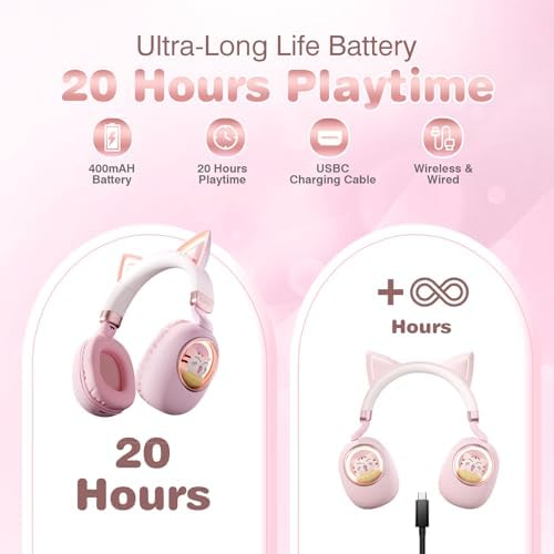 Enchanting Pink Cat Ear Bluetooth Headphones for Kids – Fun Noise-Cancelling Over-Ear Design with LED Lights, Ultimate Comfort for School, Travel, and Everyday Adventures – Elevate Young Music Experiences with Superior Sound Quality and Playful Style