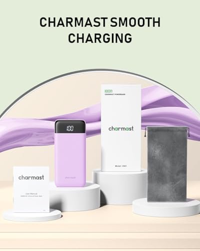Ultra-Slim 10,000 m Ah Charmast Portable Charger with Built-In Cables – High-Speed 15 W USB-C Power Bank for i Phone 16/15/13, Samsung, and Android Devices – Charge 6 Devices Simultaneously with Real-Time LED Display – Travel-Friendly Battery Pack with Pouch for Added Durability and Low Current Mode for Safe Charging of Earphones and Speakers – Essential Power Solution for Daily Use and On-the-Go Charging
