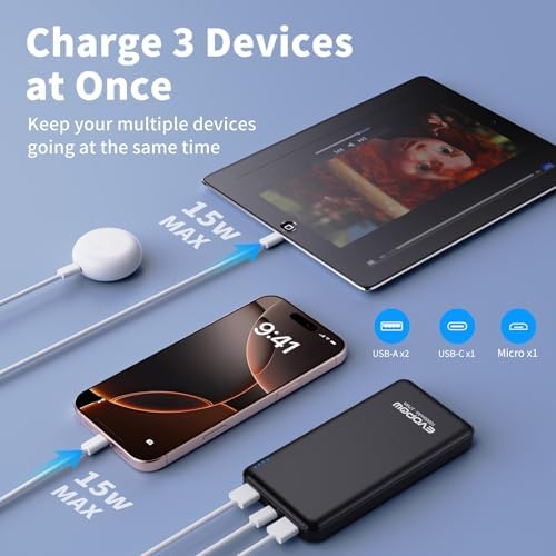 Ultra-Slim 10,000 m Ah Dual-Pack Portable Charger – 15 W Fast Charging Power Bank with USB-C Compatibility for i Phone, Samsung, Pixel & More – Effortless Mobility & Reliable Power Solutions