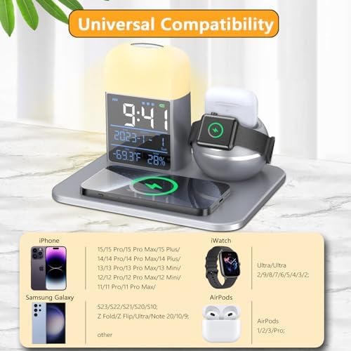 Ultimate 9-in-1 Wireless Charging Station with Integrated Alarm Clock and Night Light – Fast Qi-Certified Docking Solution for Apple Devices with 30 W Ga N Charger and USB Port – Stylish Blue Design for Clutter-Free Bedside Charging