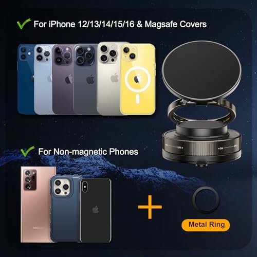Vacuum Magnetic Phone Holder Stand for Car, Dual 360° Adjustable Suction Cup Phone Mount, Strong Magnetic Suction Phone Holder for Dashboard/Windshield, Compatible with iPhone & Android – Enhanced Compatibility and Speed
