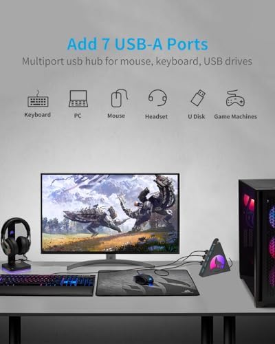 Elevate Your Connectivity Game with the Joy Reken 7-Port USB 3.0 Hub – High-Speed Data Transfer, Vertical Design with RGB Lighting, Ideal for PC, Mac, Laptop, PS5, Xbox, and More – 5 Gbps Performance with 2 FT Extension Cable for Optimal Placement and Style