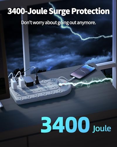 Ultimate Power Strip with 24 AC Outlets and 6 USB Ports, Including 2 High-Speed USB-C Ports, 3400 Joules Surge Protection, 10 Ft Heavy-Duty Flat Plug Extension Cord, Wall Mountable Design for Home and Office Use, ETL Listed for Safety Compliance