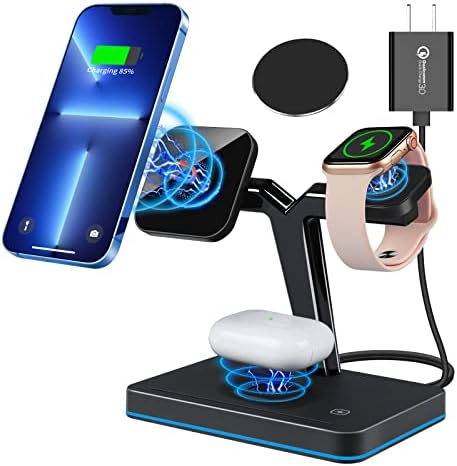 Transform Your Charging Experience with the 15 W Magnetic Wireless Charger – Ultimate 3-in-1 Qi Fast Charging Hub for i Phone 14/13/12, Apple Watch Series 7/SE/6/5/4/3/2 & Air Pods 3/2/Pro – Effortless Magnetic Alignment, Sleek Aesthetic, and Instant Use with Included Adapter – Maximize Performance and Extend Device Longevity for Home and Office Use