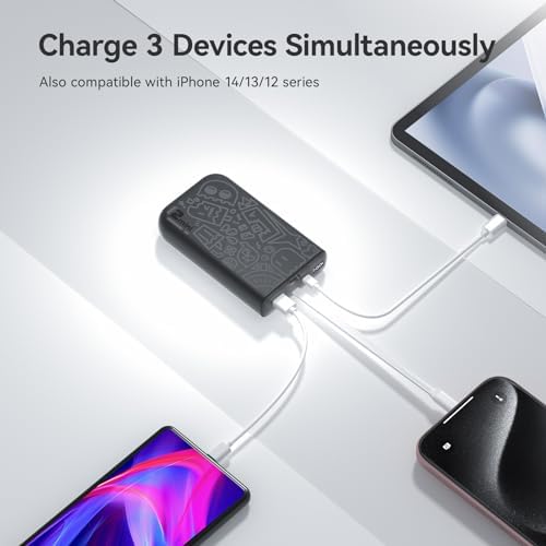 imuto Graffiti Style 20000 m Ah Portable Charger with Built-in Lightning Cable – 22.5 W Fast Charging Power Bank for i Phone, Samsung, i Pad, and All Smartphones – Essential Travel Accessory with LED Battery Display and Unique Design