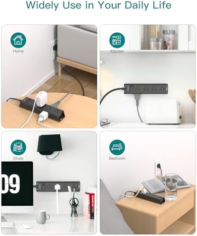 Ultra-Thin Flat Plug Power Strip with 12 AC Outlets – Addtam 5-Ft Surge Protector for Desk and Wall Mount – Multi-Device Charging Station for Home and Office – 1050 Joules Protection, Space-Saving Design for Tidy Workspaces and Enhanced Connectivity