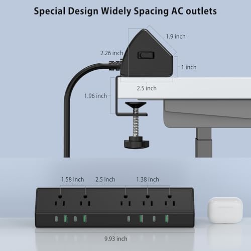 Maximize Efficiency with the 45 W Desk Clamp Charging Station – 4 PD USB-C Ports & 5 AC Outlets, ETL Listed Surge Protector for Ultimate Device Protection, 14 AWG Heavy-Duty Cord, Secure Fit for 1.9″ Tabletops (Black, 6 FT Cable) – Your All-in-One Power Solution for Home and Office