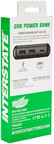 Interstate Batteries 10 K Portable Power Bank – 10,000 m Ah High-Speed Charger for Cell Phones & Electronics, Travel-Ready Dual USB Output, LED Battery Indicator, Compact Emergency Power Solution, Enhanced Compatibility for On-the-Go Charging