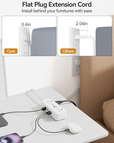Compact Power Strip with USB-C and Dual USB-A Ports – 3 ft Extension Cord with 4 Outlets & 4.8 A Fast Charging Station for Laptops, Tablets, and Smartphones – Flat Plug Design Perfect for Tight Spaces and Travel – Versatile Multi-Device Charging Hub for Home and Office Use