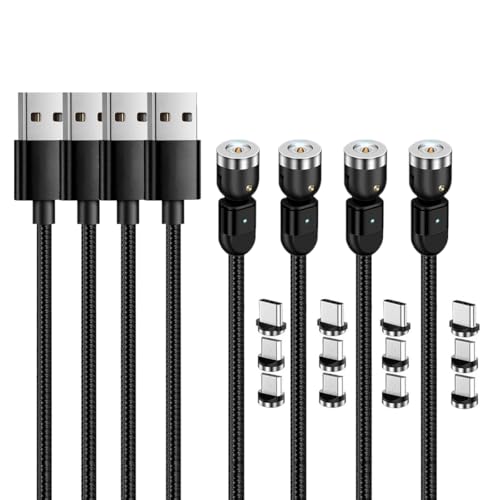 Versatile Magnetic Charging Cable Set – 4-Pack (3/6/6/10 ft) | 3-in-1 USB Type C & Micro USB Charger with 360° & 180° Rotating Connectors | Durable Nylon-Braided Design with LED Charging Indicator | Fast & Efficient Power Solution for All Devices