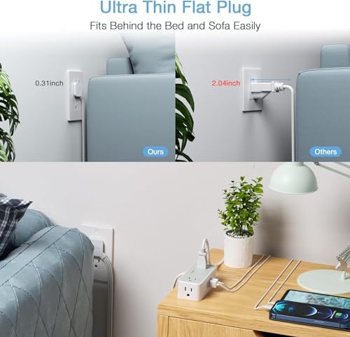 TESSAN 5 FT Flat Plug Extension Cord with 4 AC Outlets, 1 USB-C & 2 USB-A Ports – 900 Joules Surge Protector Power Strip for Home Office & Dorm Room – Maximize Charging Efficiency & Space Savings with Versatile Power Accessory