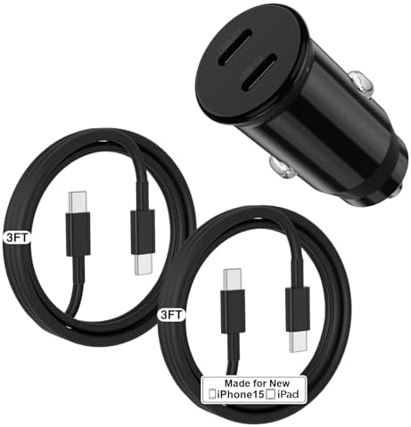 Dual-Port 45 W USB C Car Charger Adapter for Apple Devices – MFi Certified Fast Charger with 3 ft Lightning Cable (Pack of 2) – Rapid Charging for i Phone 14/13/12/11 Pro Max, i Pad, and Air Pods – Durable & Portable Power Solution for On-the-Go Lifestyle