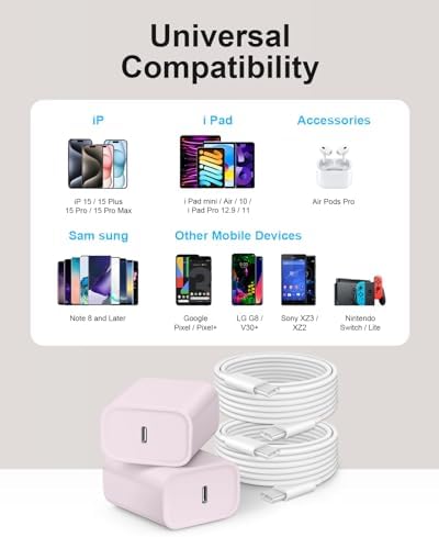20 W USB-C Wall Charger for i Phone 16 & 15 – Fast Charging Dual Pack with 6 FT Type-C Cable – Optimized Power Delivery for i Pad Pro and More – Compact, Durable, and Travel-Friendly Charging Solution for Home and On-the-Go Use