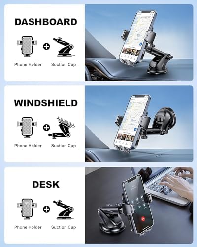Versatile 3-in-1 Car Phone Holder: Ultra-Stable Suction Mount for Windshield, Dashboard, and Desk – Hands-Free Smartphone Stand Compatible with i Phone & Samsung – Optimal Viewing & Safe Navigation Accessory for Drivers