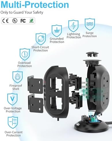 Ultimate Surge Protector Power Strip Tower: 8 AC Outlets, 4 USB Ports (Including 1 USB-C), 10 ft Flat Extension Cord – Versatile Charging Station for Home, Office or Dorm Use – Space-Saving Design with Advanced Surge Protection and Fast Charging Capabilities