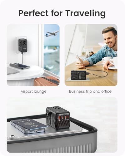 LENCENT 85 W Universal Travel Adapter with Retractable USB-C Cable – High-Speed International Plug Converter Featuring 3 Type-C & 1 USB-A Ports for Effortless Worldwide Charging – Your Ultimate Travel Essential for Maximum Compatibility, Fast Charging, and Ga N Technology Efficiency