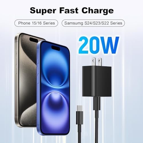 20 W Dual Pack Type C Wall Charger & 6 FT USB-C Cable – Ultra-Fast Charging Solution for i Phone 16/15/Plus/Pro & Samsung Galaxy S23/S22/S21 – Portable Design with Advanced Safety Features for All Your Devices – Perfect for Home, Office, and Travel