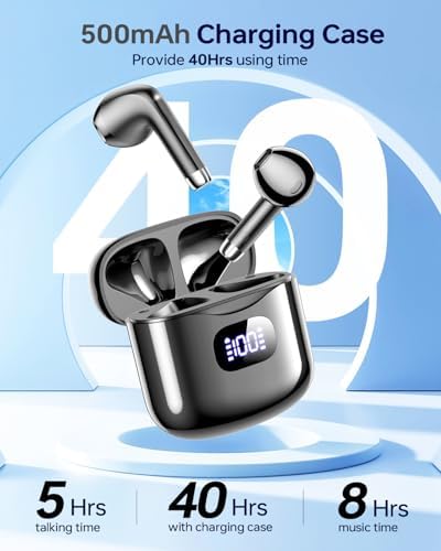 Premium Bluetooth 5.3 Wireless Earbuds with 40-Hour Playtime | IPX7 Waterproof In-Ear Headphones for Sports and Everyday Use | Ergonomic Comfort Fit with Superior Sound and Clear Calls | Sleek White Design with LED Charging Case | Universal Compatibility for All Devices