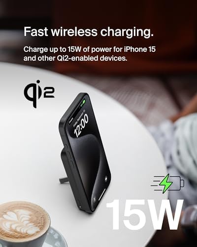 Belkin 5000 m Ah Wireless Power Bank with Qi2 Technology – Mag Safe-Compatible Portable Charger Featuring Built-in Kickstand for i Phone 16, 15, 14, 13, Plus, Pro, Pro Max – Sleek White Design for Seamless Charging on the Go – Optimal Speed & Versatile Compatibility