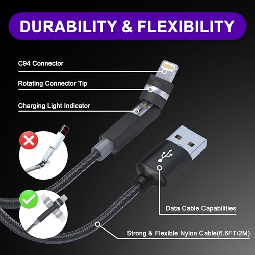 Revolutionize Your Charging Experience: 6.6 FT 90-Degree Lightning Cable with 360-Degree Rotating Head – MFi Certified, High-Speed 2.4 A Fast Charge, Durable Nylon Braided Design – Perfect for i Phone 14/13/12/11/X/8/7/6/5, i Pad, and i Pod – Seamless Use in Any Orientation