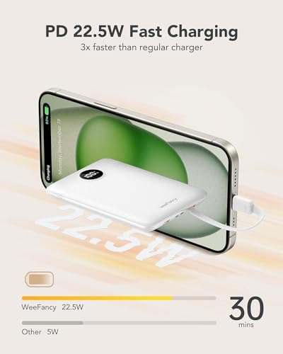 Ultra-Slim 10,000 m Ah Mini Power Bank with Built-in Cables – 22.5 W Fast Charging USB-C Battery Pack for i Phone 16/15/14 and Samsung Galaxy 24/23 – Essential Travel Charger for On-the-Go Power Needs