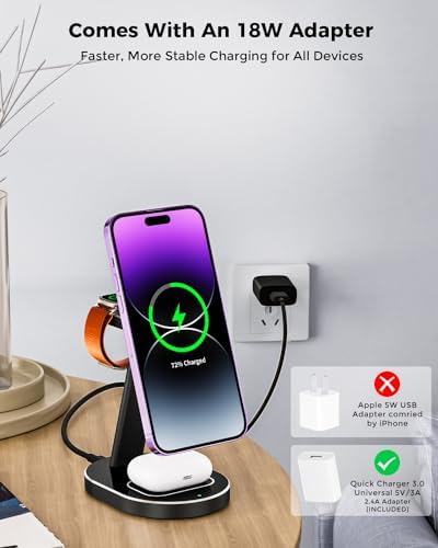 Ultimate 3-in-1 Magnetic Mag-Safe Wireless Charger for i Phone 15, 14, 13, 12 Pro Max, Mini, and Plus – 15 W Fast Charging Station with Aluminum Alloy Stand for Apple Watch & Air Pods – Streamlined Multi-Device Charging Solution with Enhanced Compatibility and Modern Design